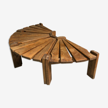 1970's Oak fan shaped bench or large coffee table.
