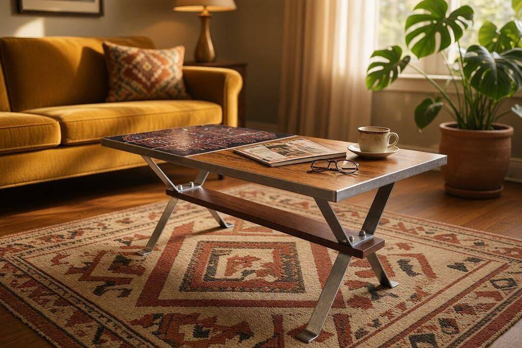 Vintage chrome coffee table with ceramic accent.