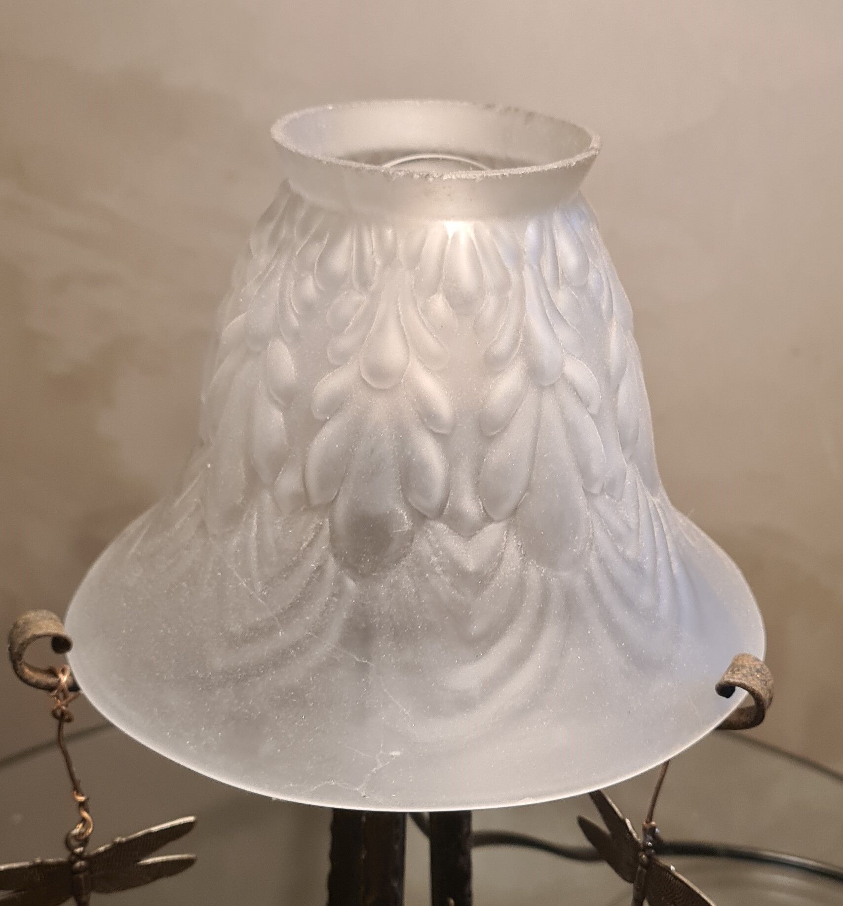 art nouveau wrought iron lamp and tulip molded opaque glass 28x15