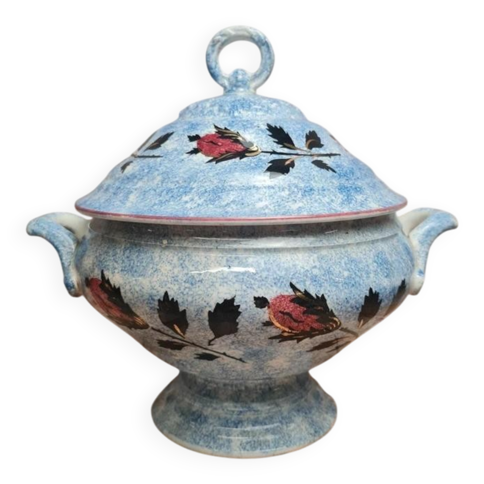 Antique Gien soup tureen with blue thistle decoration, ironstone.
