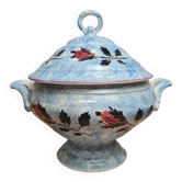 Antique Gien soup tureen with blue thistle decoration, ironstone.
