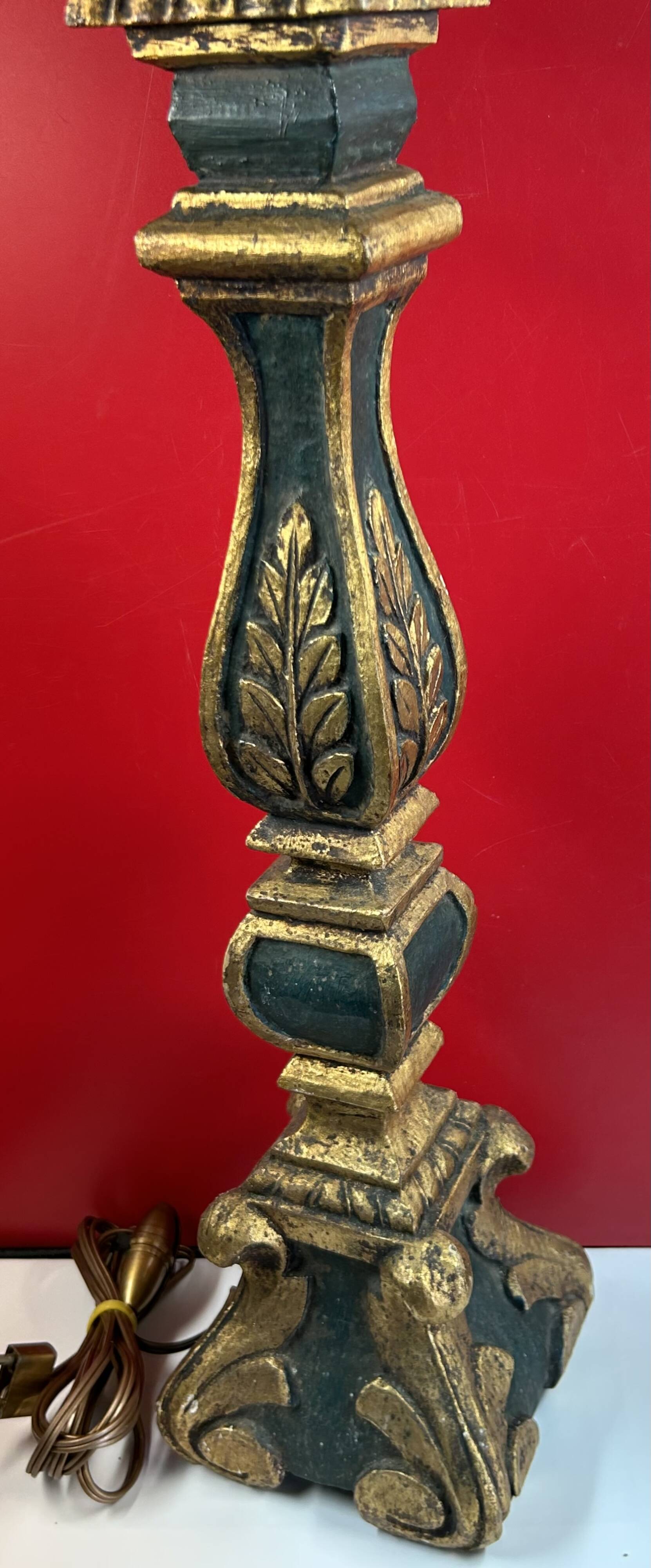Large antique green and gold wooden lamp base, 66 cm high from the socket.