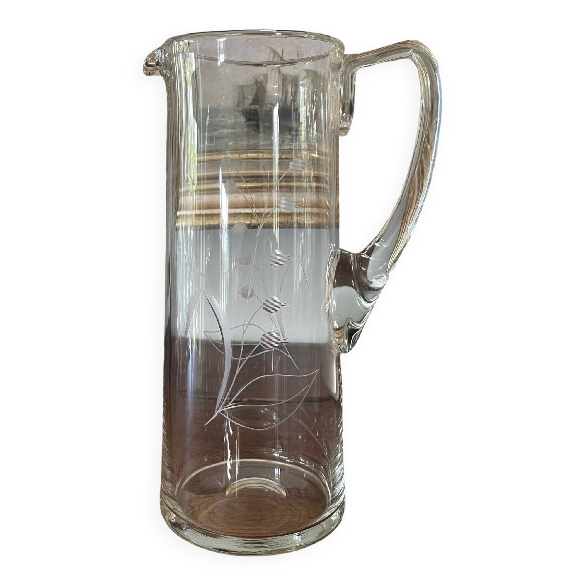 Pitcher or carafe in blown crystal and engraved with floral motif