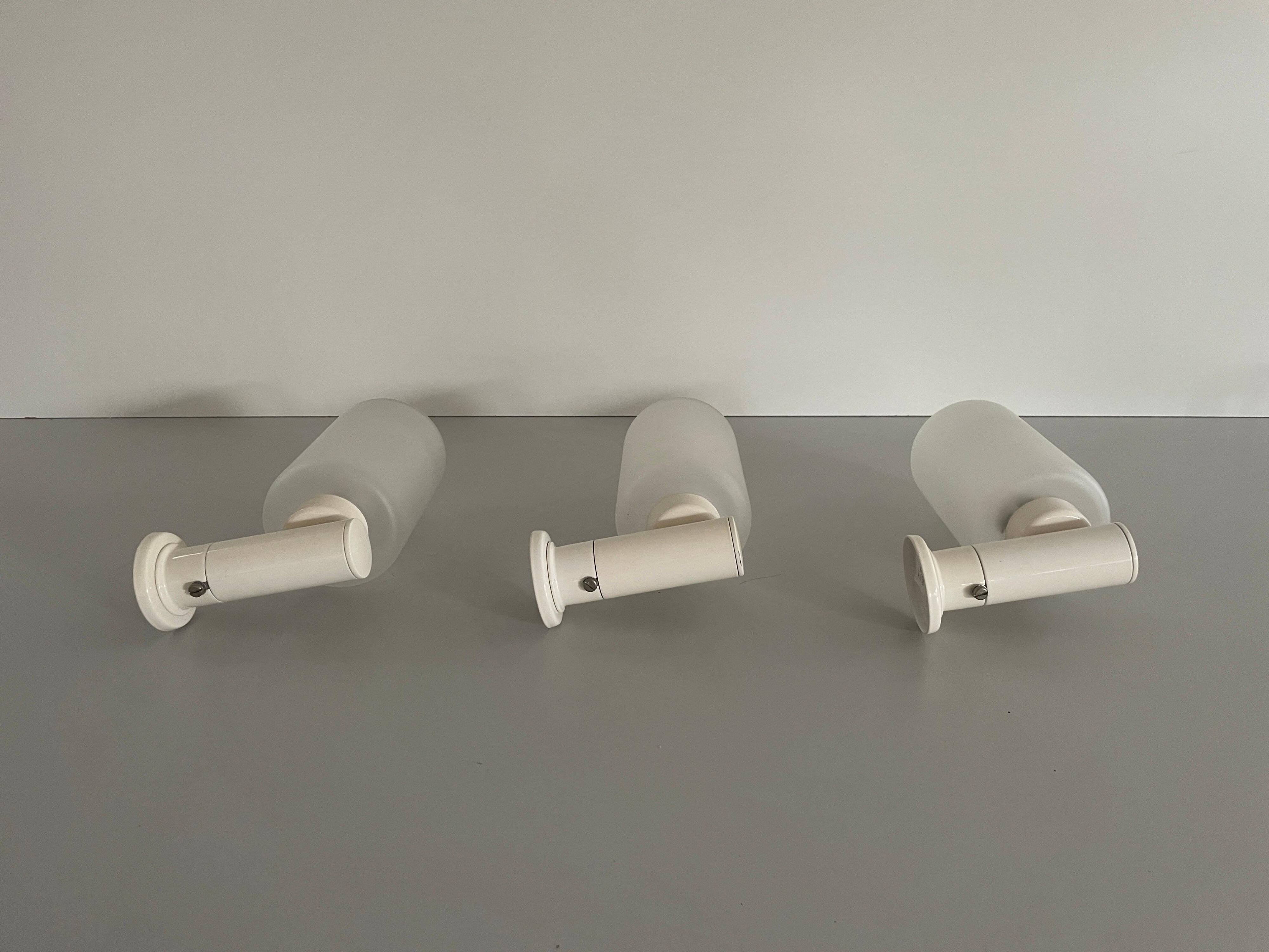 Set of 3 semi-transparent glass and white metal wall lights, 1960, Germany