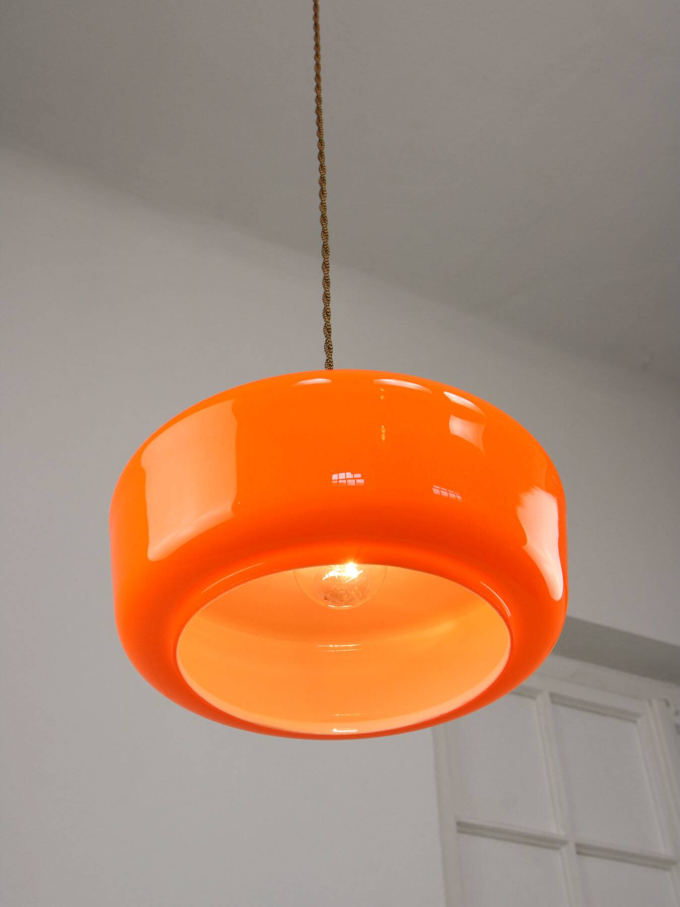 Mid-Century Modern Italian Orange Glass and Brass Pendant Lamp