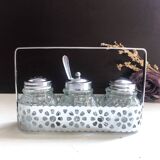 4-piece salt shaker, pepper and mustard set with spoon in stainless steel basket