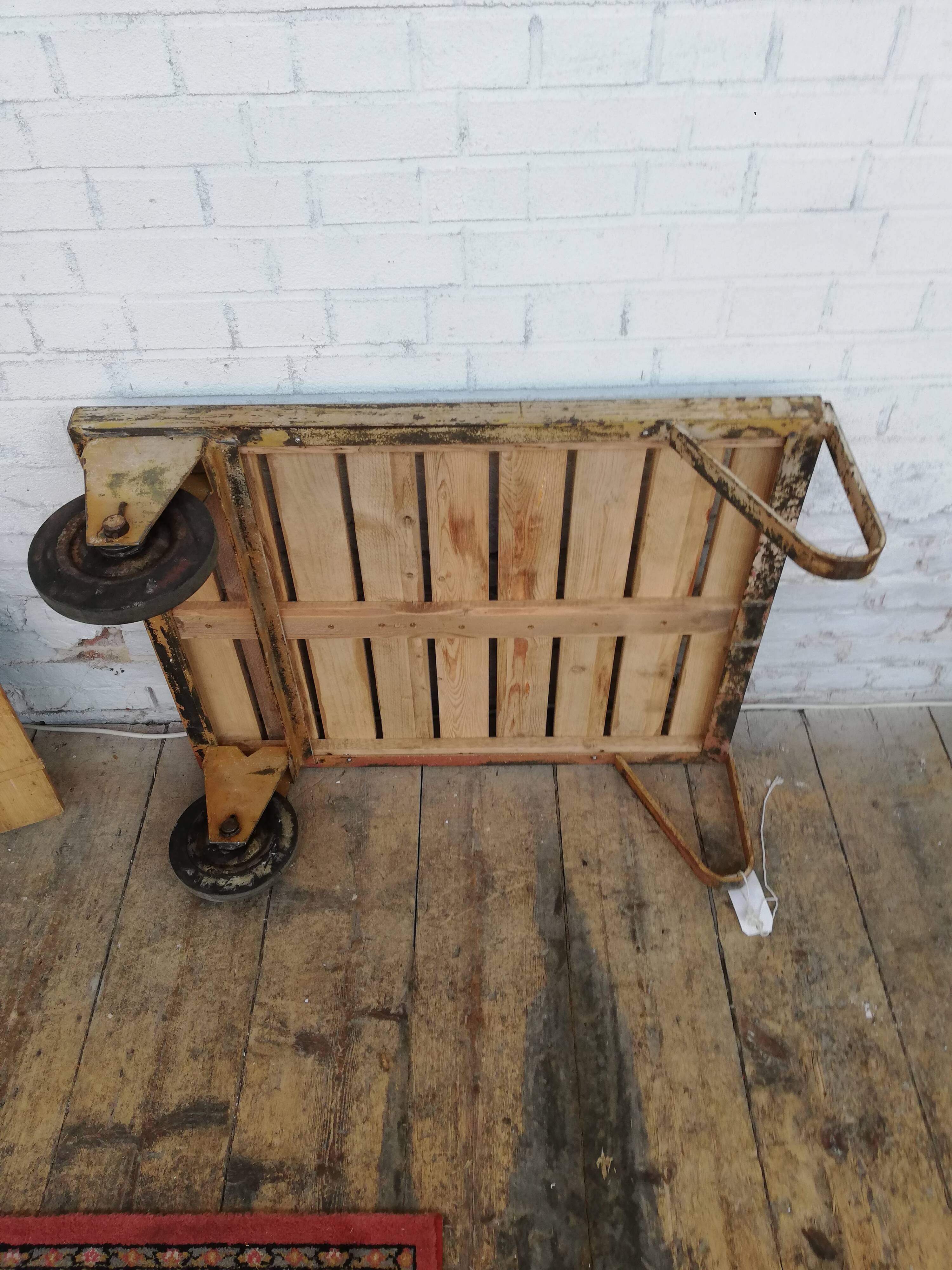 Wooden and metal coffee table, old industrial trolley