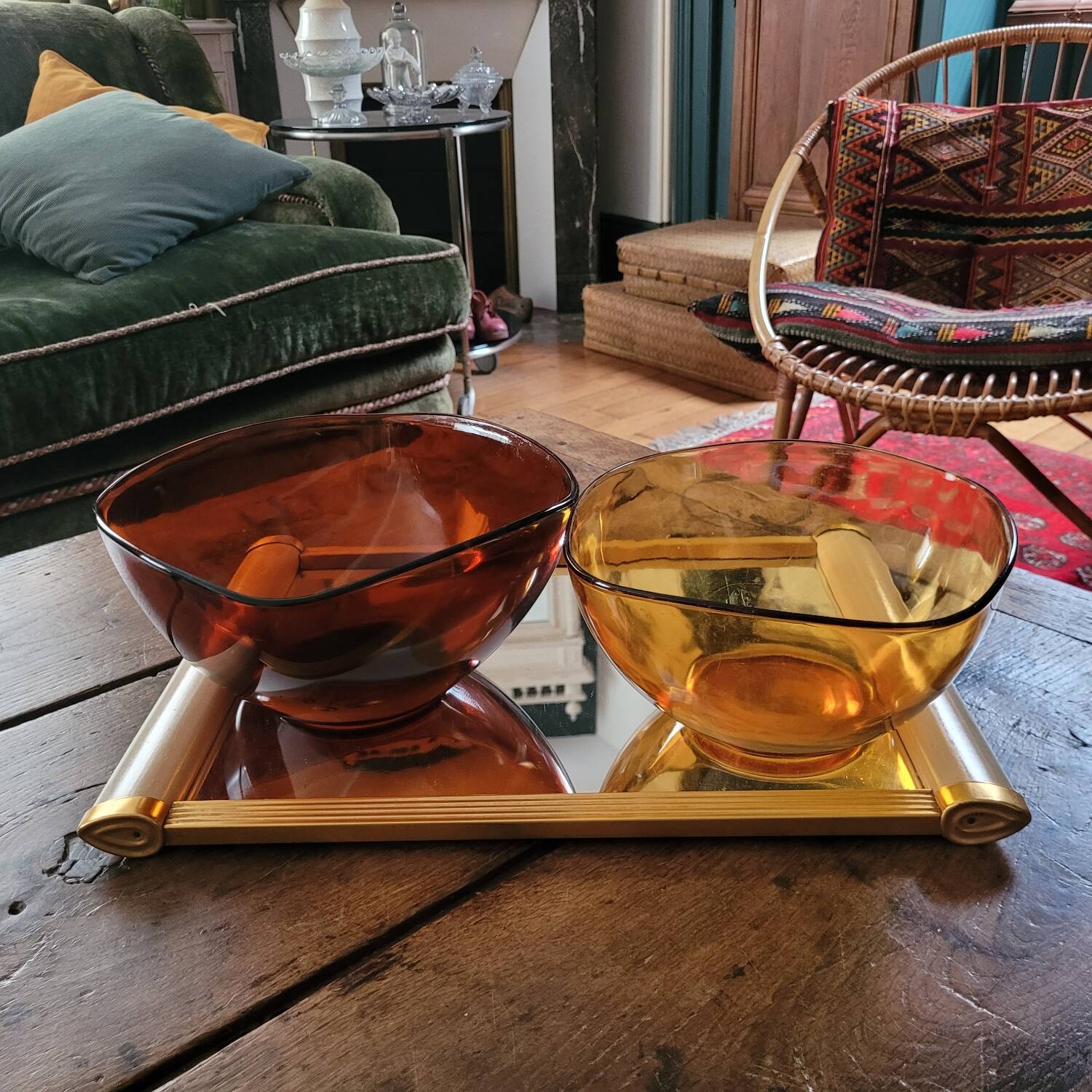 Pair of vintage amber and honey glass salad bowls – 1970s-80s