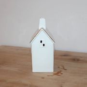 Photophore maison en céramique blanche et dorée – Décoration lumineuse de Noël