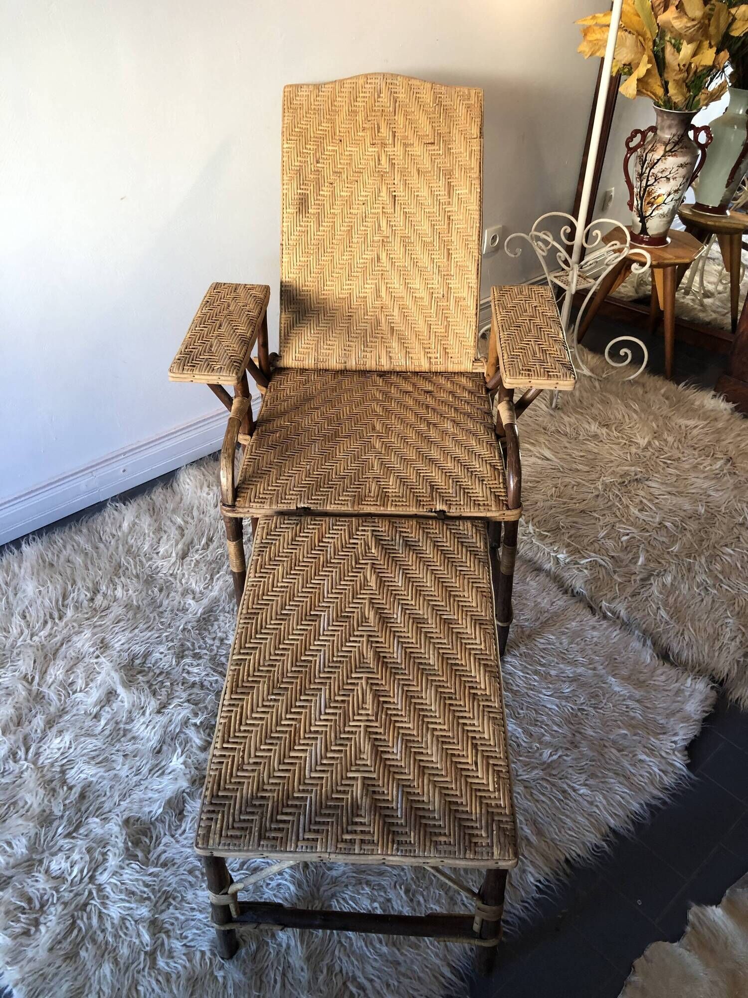 Bamboo and vintage rattan long chair, 40s/50s