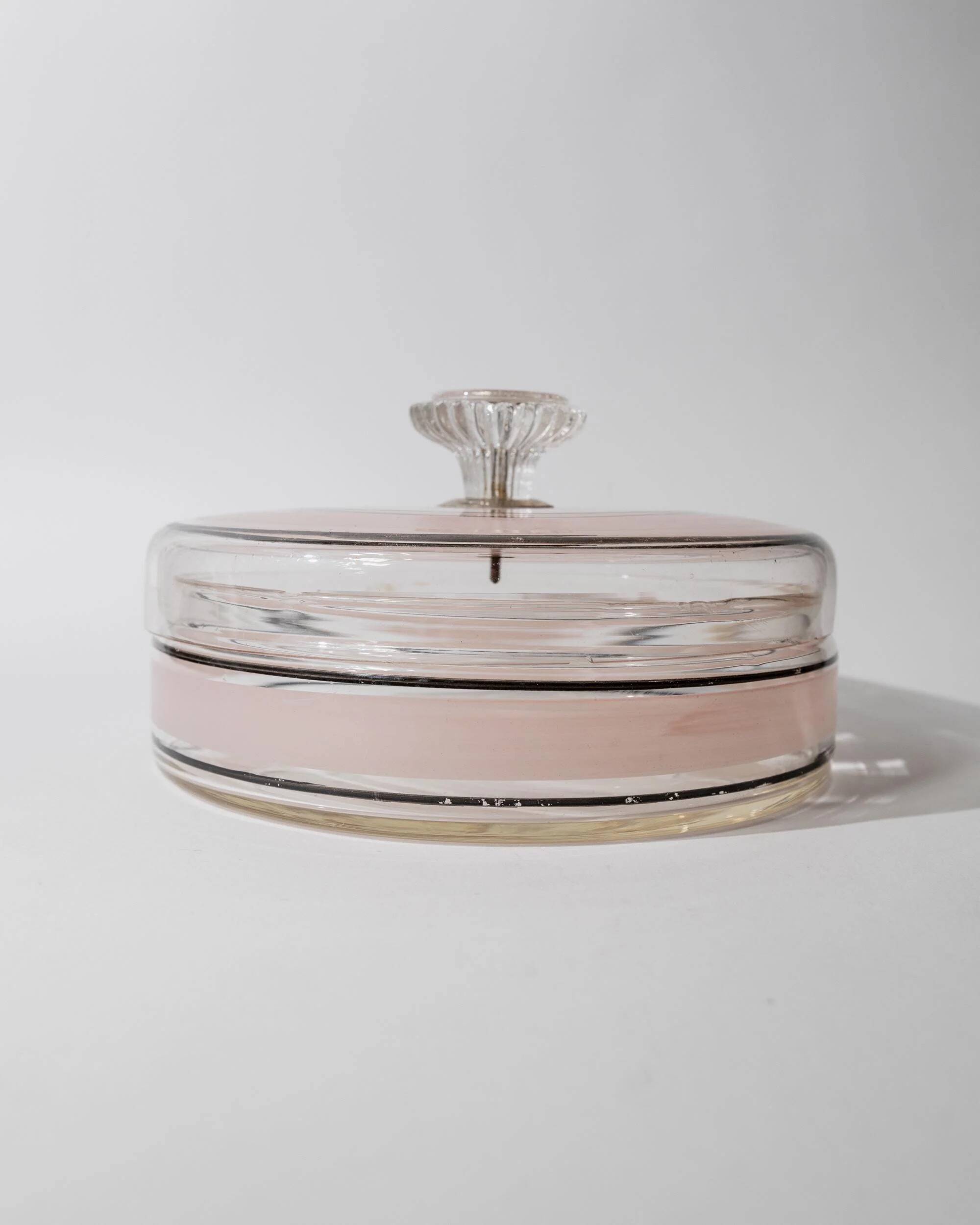 Vintage glass sweet jar from the 1960s, candy jar with a pink and black striped lid, Italian glass art.