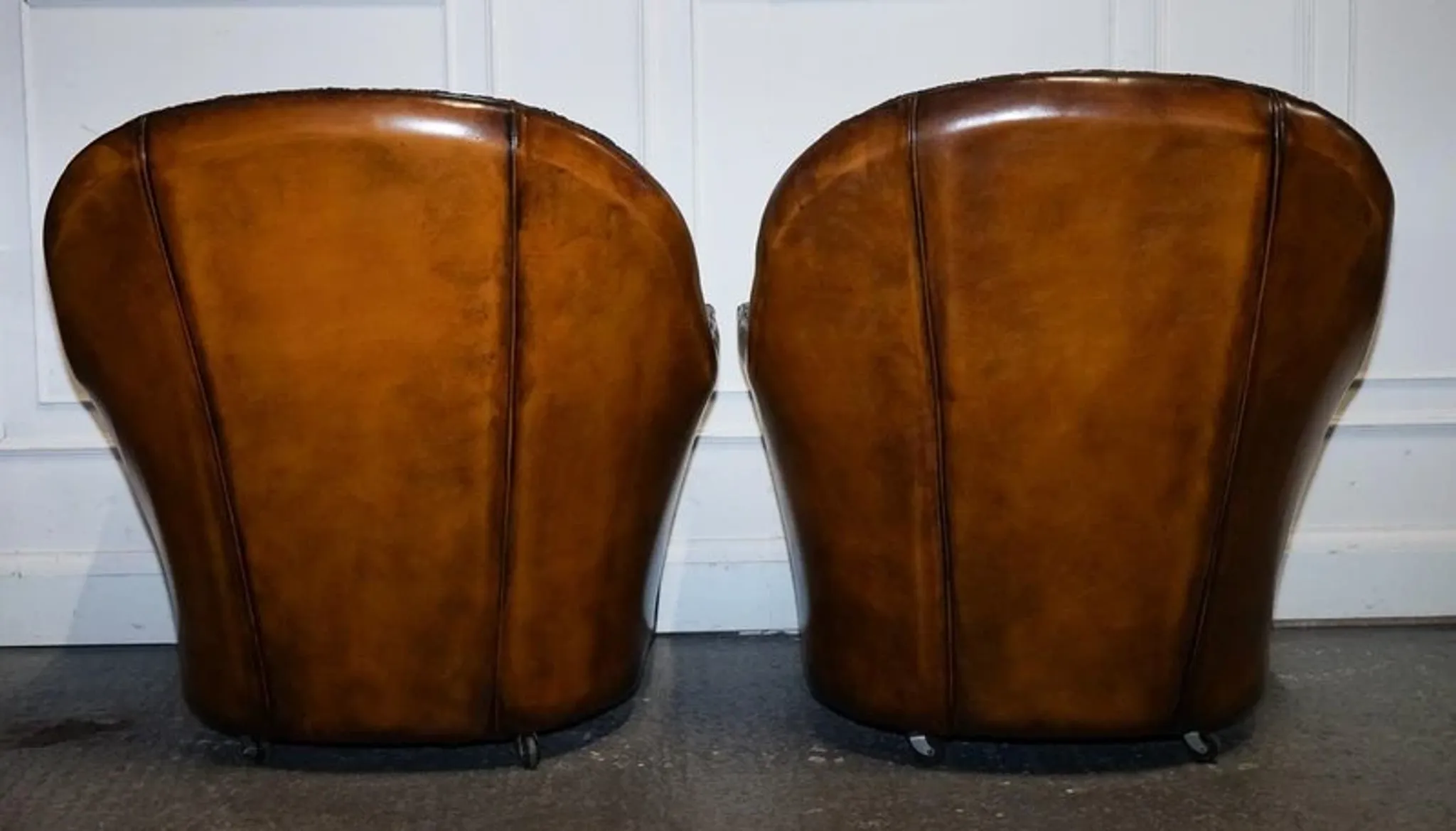 Brown Hand-Dyed Leather Chesterfield Armchairs with Pleated Front, Set of 2