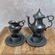 Tin lot – teapot, milk jug & duo of cups/saucers