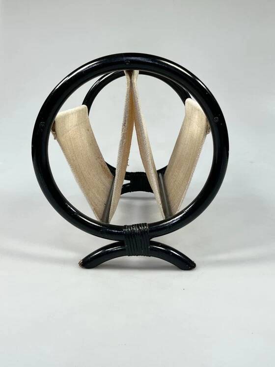 Vintage Round Magazine Rack / Reading Basket, Black Rattan, 1970's