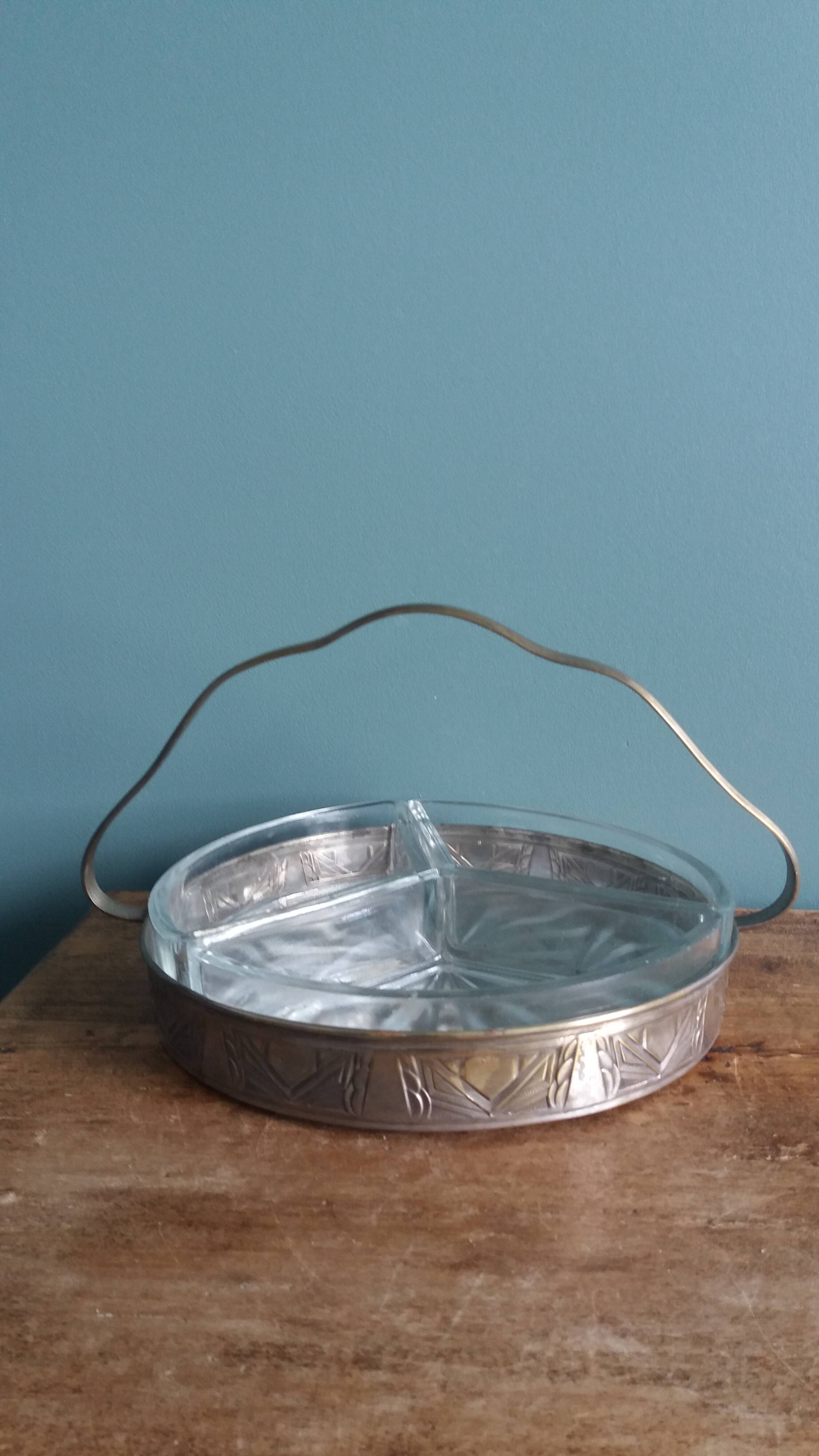 Aperitif platter, metal server and glass ramekins, Art Deco