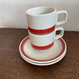 2 coffee cups and bistro saucers, Sarreguemines, vintage Red Band