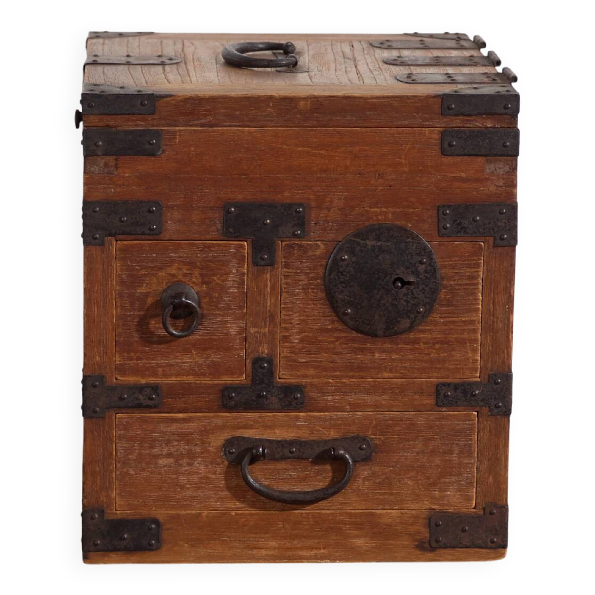 Japanese ko-dansu with hinged lid and paulownia wood drawers, Meiji–Taishō period, circa 1868–1926.