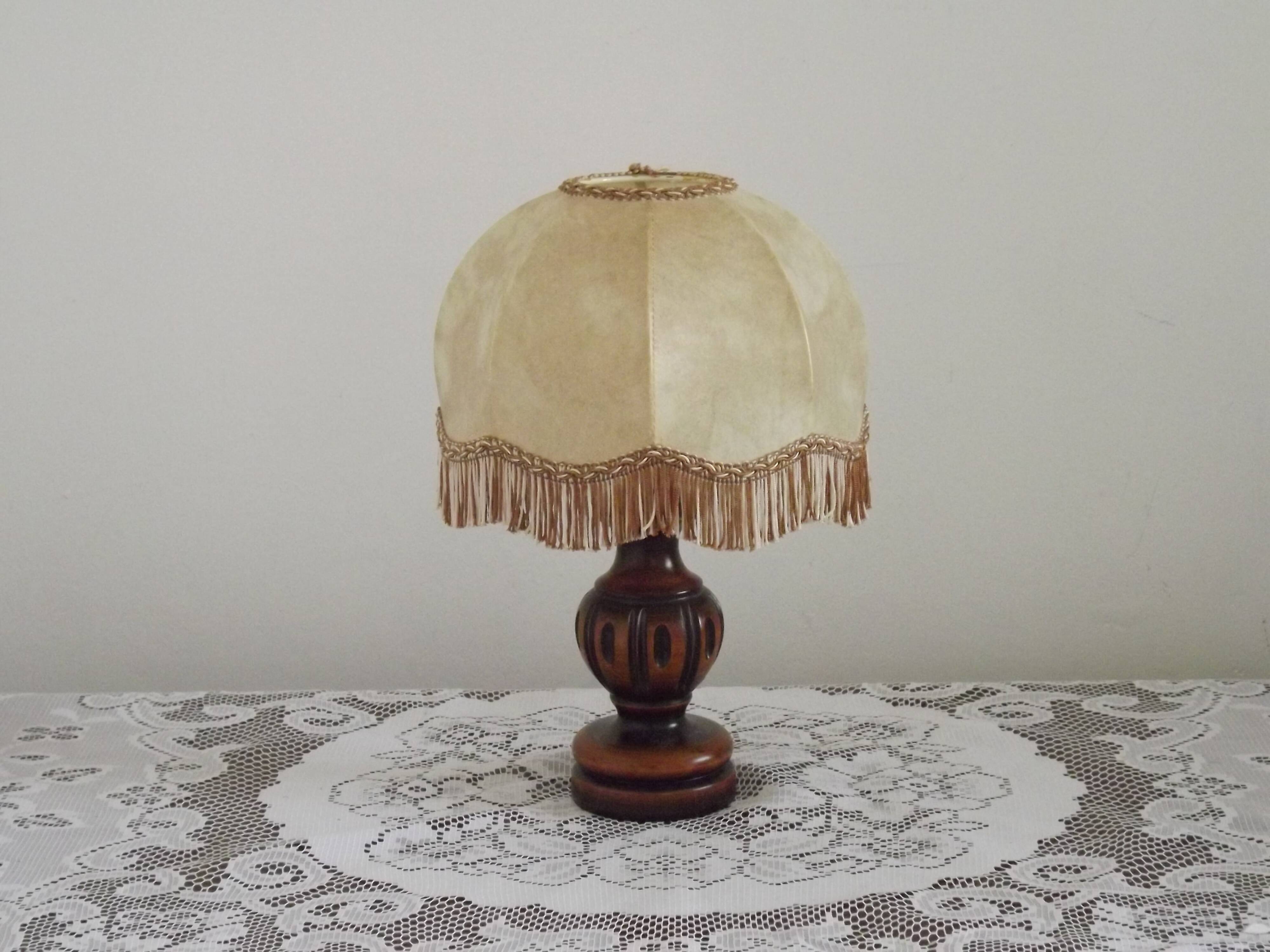 French Mid Century Round Turned Wood Grooved Table Lamp Hide Skin Shade