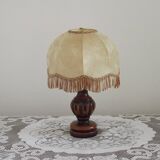 French Mid Century Round Turned Wood Grooved Table Lamp Hide Skin Shade