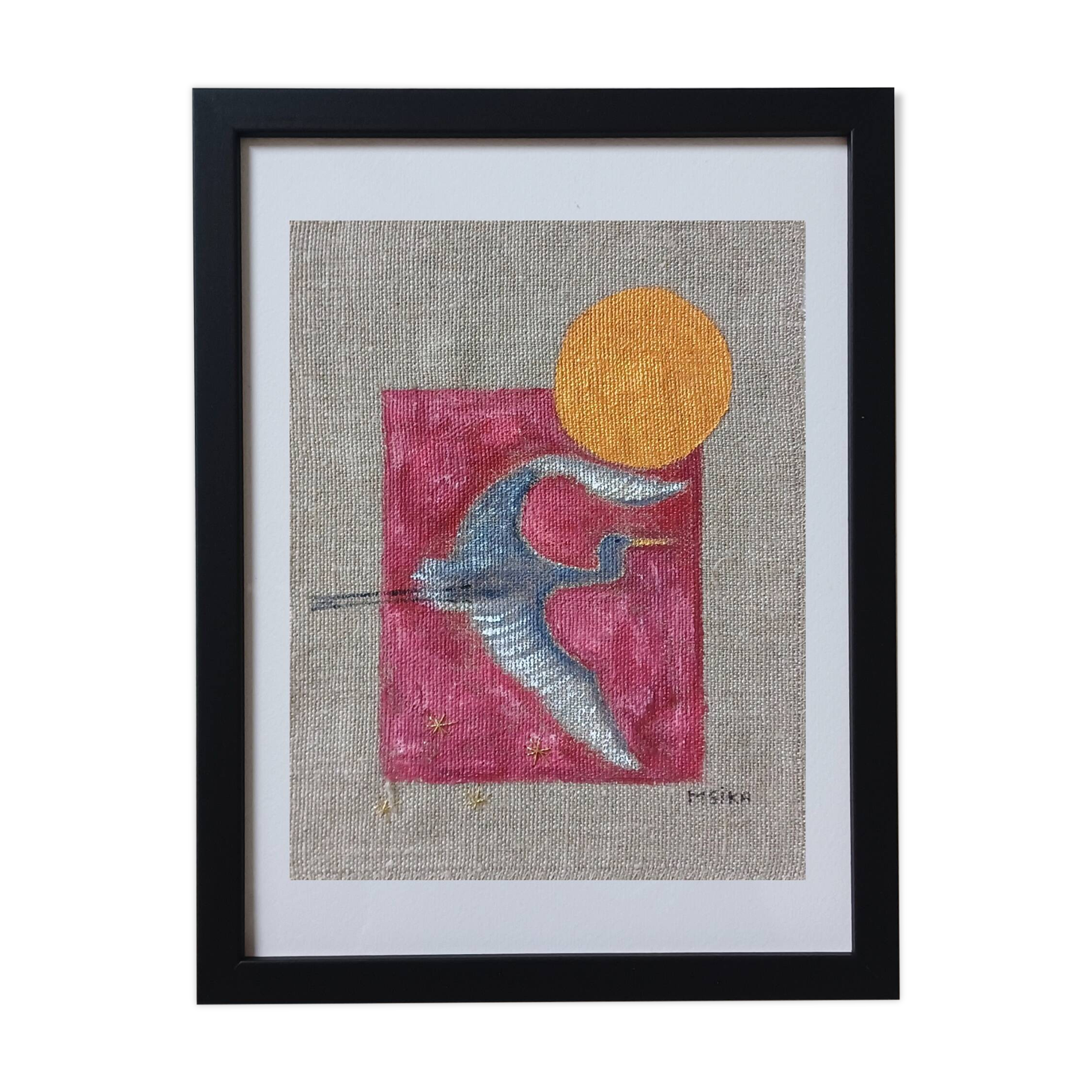 Painting on linen, The crane and the golden sun
