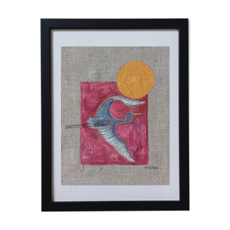Painting on linen, The crane and the golden sun