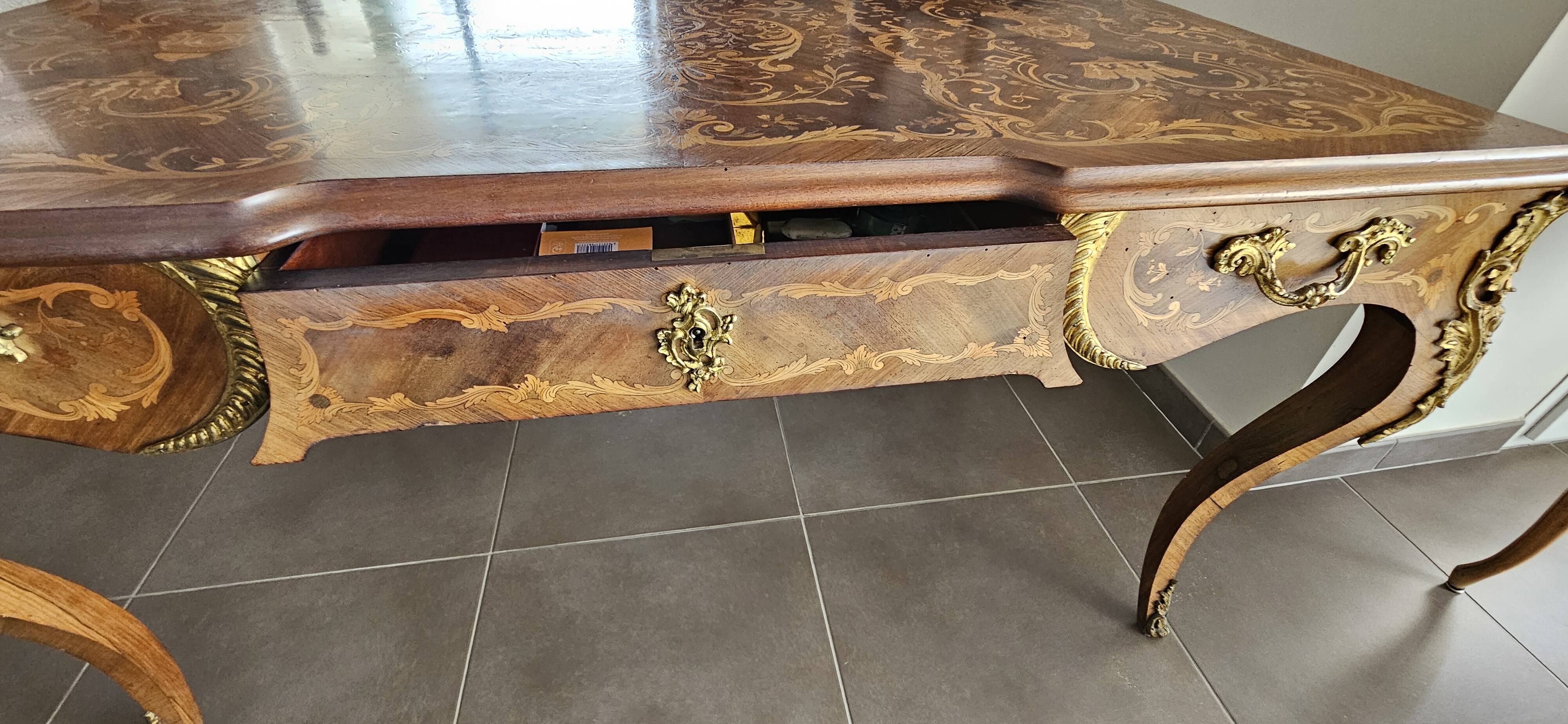 Louis XV style desk table in marquetry, Napoleon 1st period