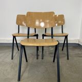 Lot de 3 chaises d’école Galvanitas s30 bois clair pieds compas bleus années 80 Pays-Bas