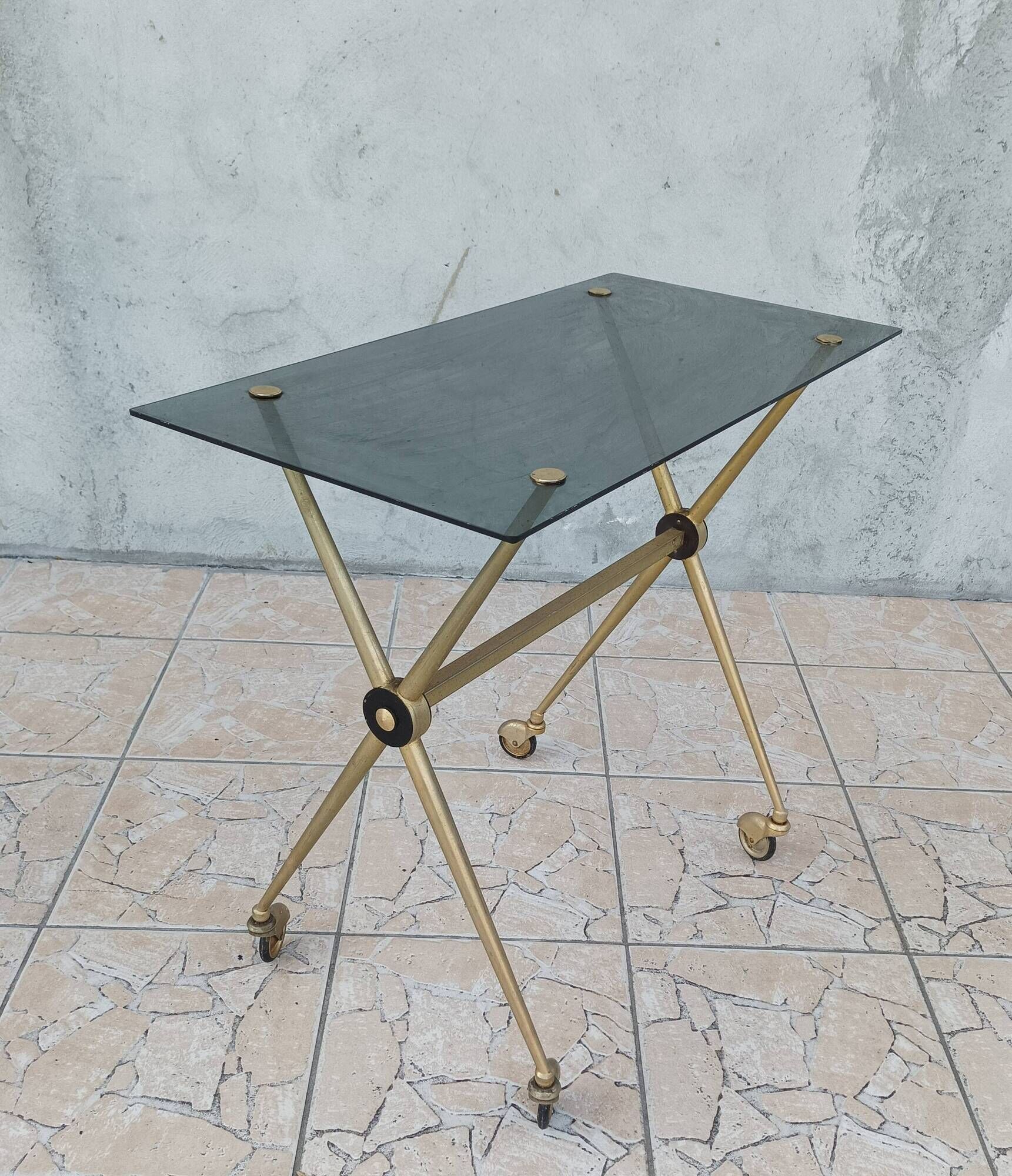 Vintage dessert trolley in brass and smoked glass 1960