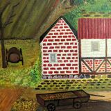 Mid-Century Modern "The Working Farm" Vintage Naïve Style Landscape Oil Painting, Framed