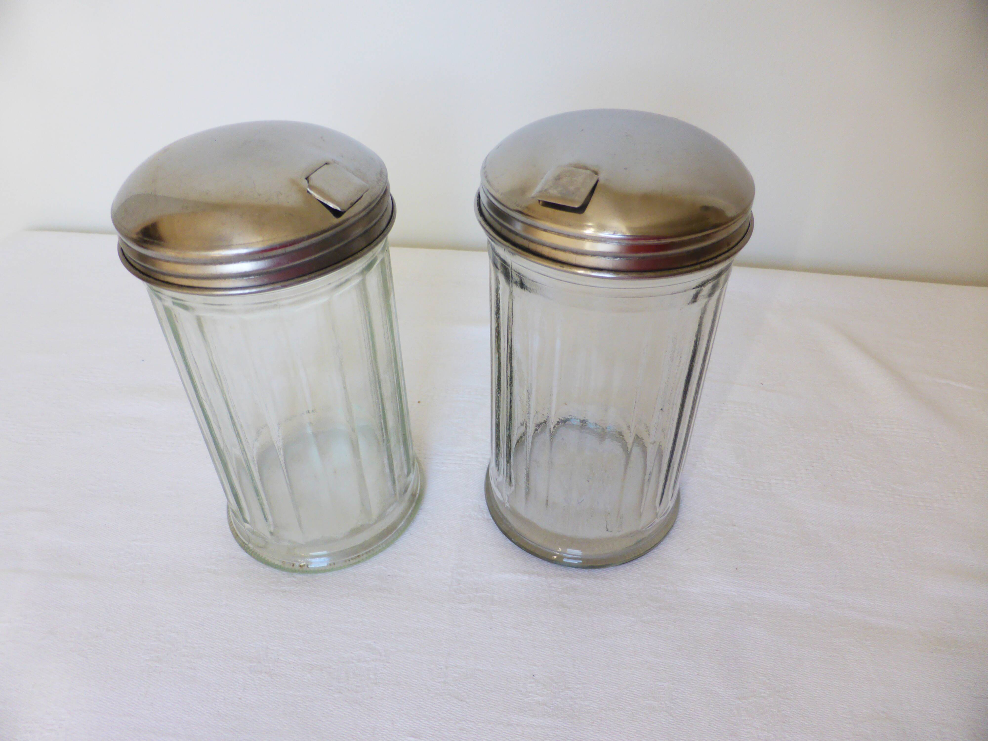 vintage glass and stainless steel sugar bowl