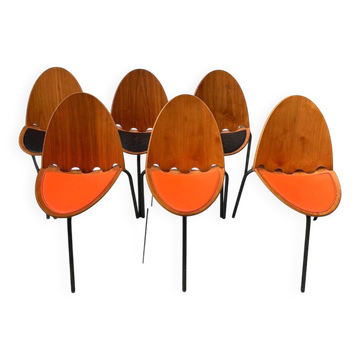 Set of "A6" chairs, Joseph-André Motte for Steiner, wood and leather, 2000s – France