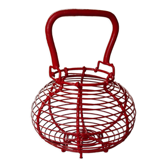 Panier à oeufs en fil de fer peint en rouge, vintage des années 1970