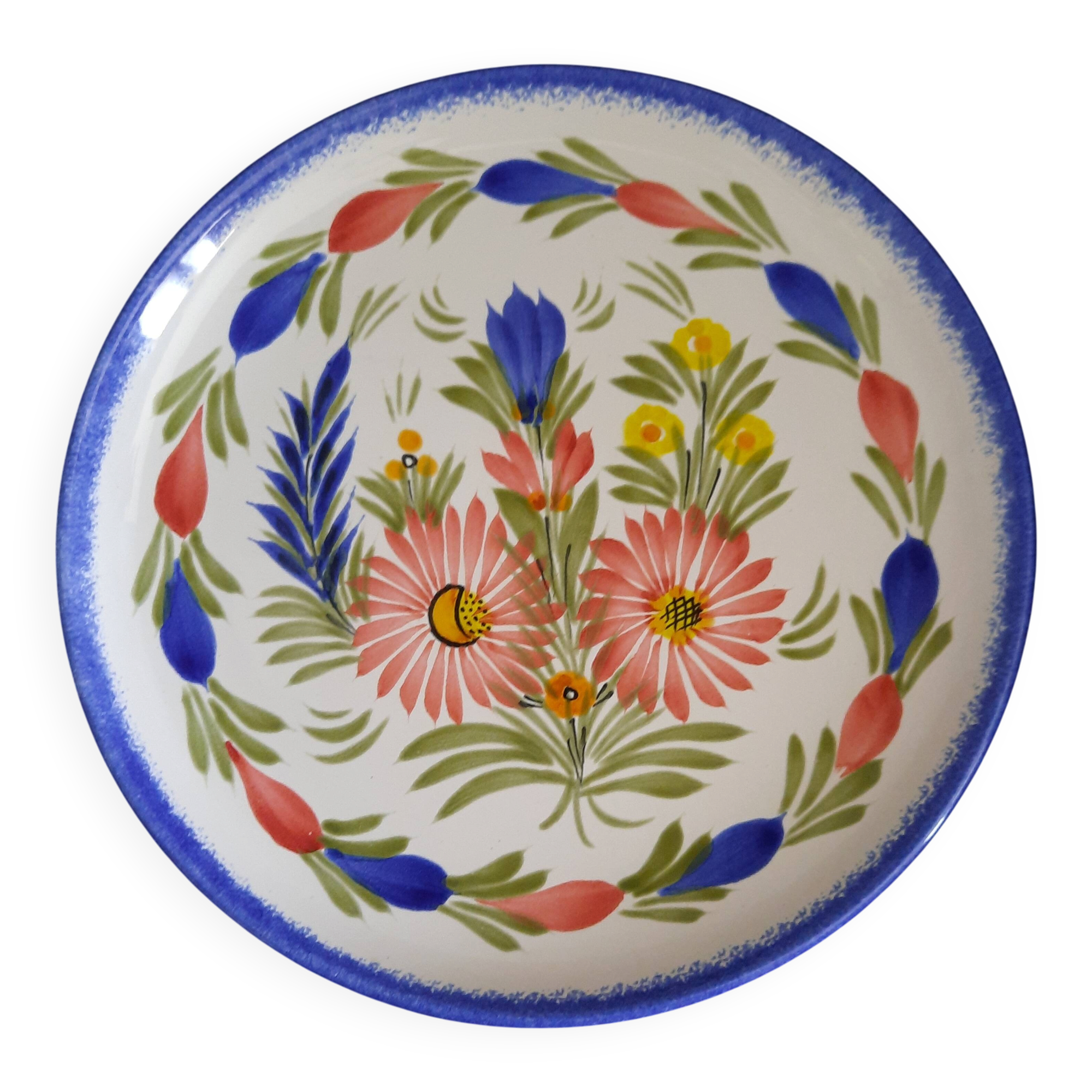 Ancienne assiette plate faïence hb quimper peint main décor floral