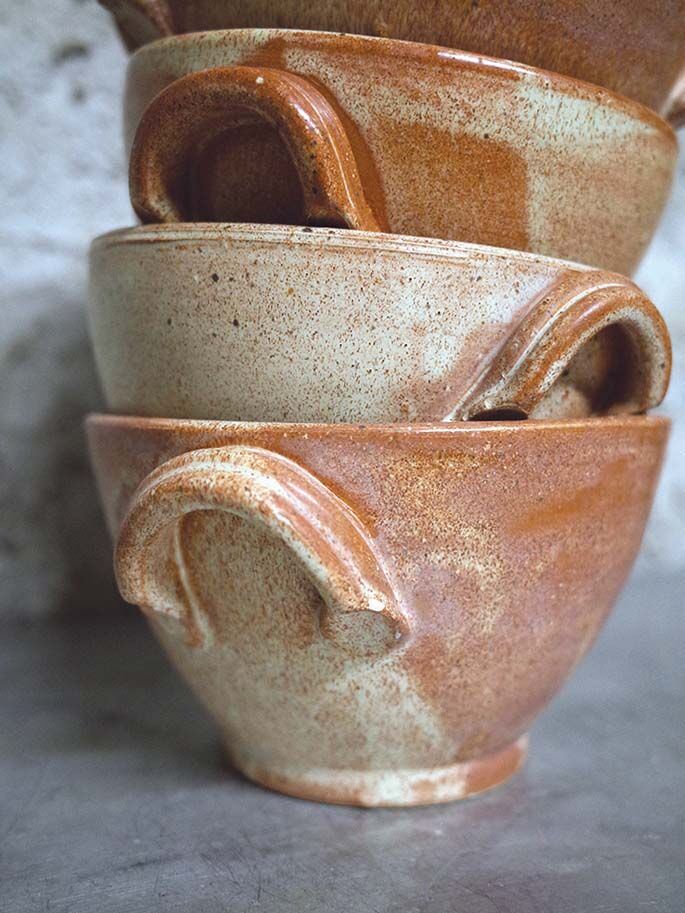 Set of 5 large sandstone bowls signed