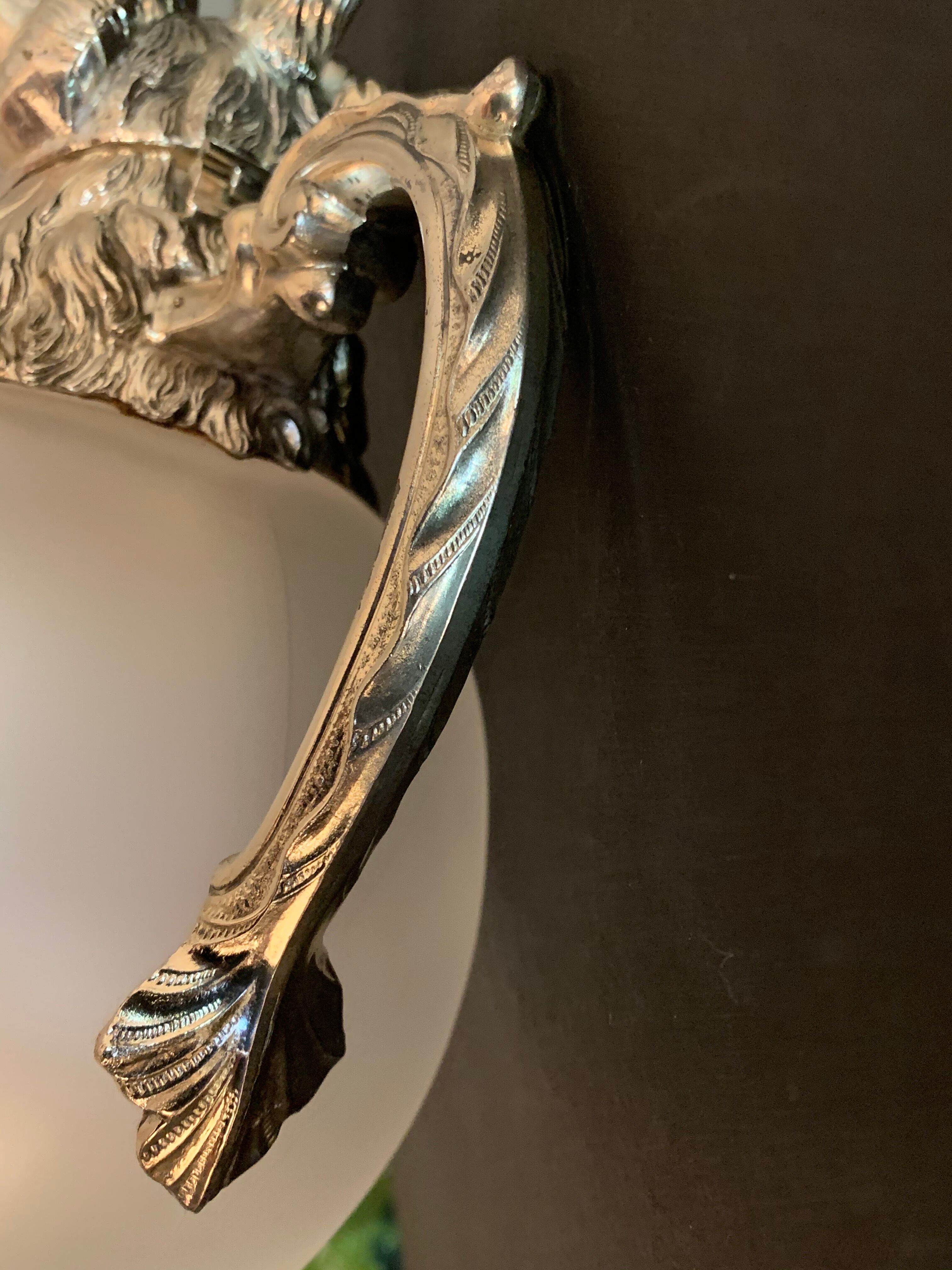 Decanting carafe or frosted glass water broc with silver metal ram head 1970