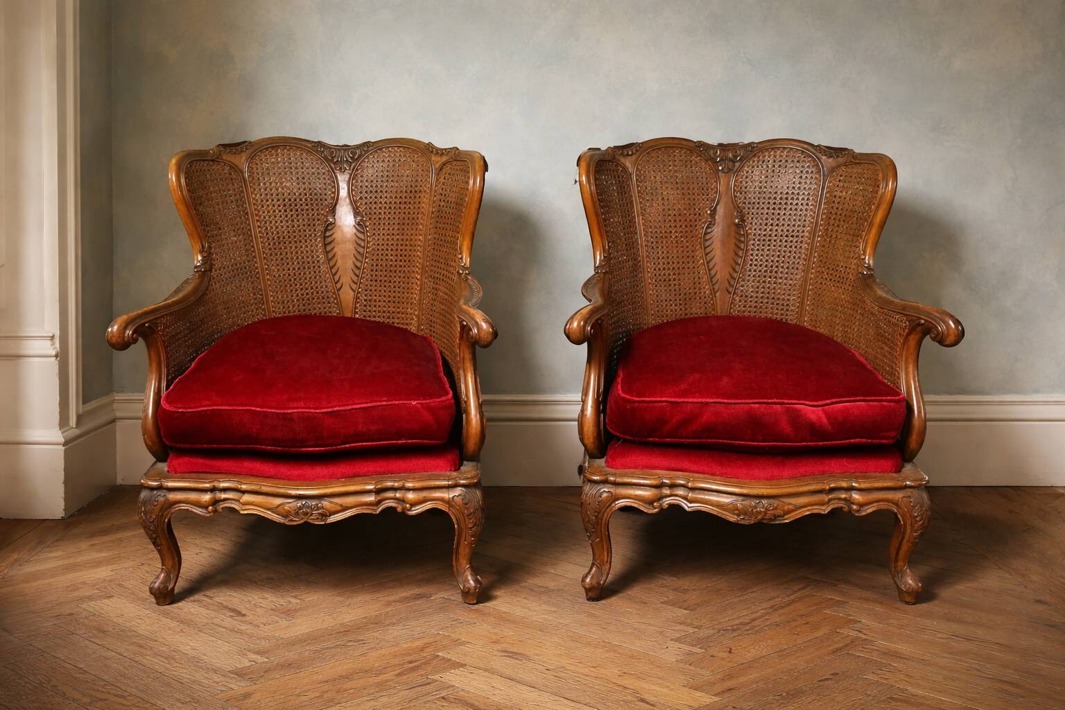 Pair of wooden and rattan armchairs, Louis XV style