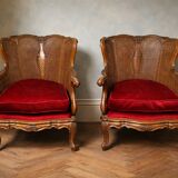 Pair of wooden and rattan armchairs, Louis XV style