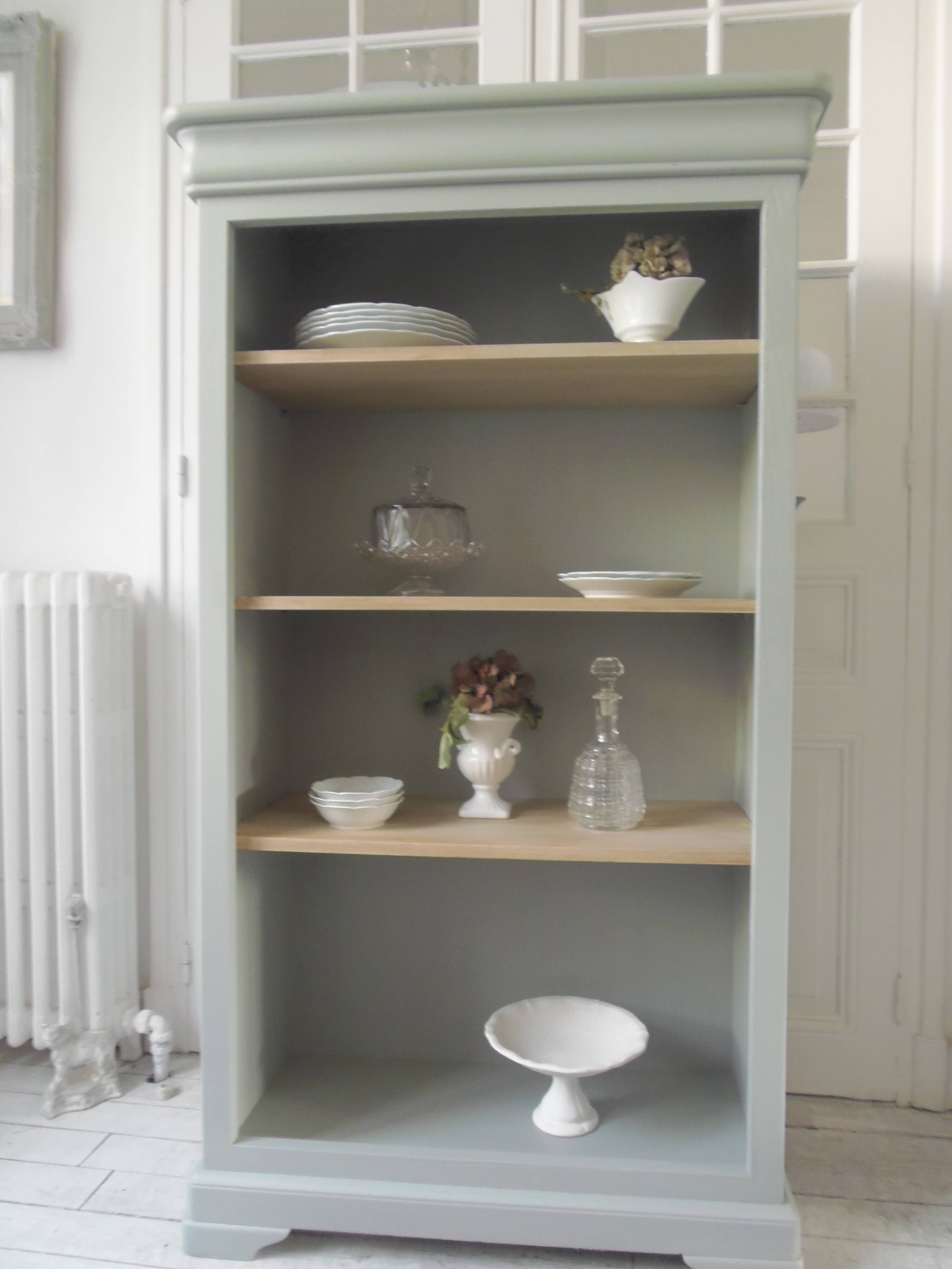 Louis Philippe style bookcase reenchanted in verdigris, 3 light oak waxed shelves.