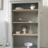 Louis Philippe style bookcase reenchanted in verdigris, 3 light oak waxed shelves.