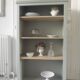 Louis Philippe style bookcase reenchanted in verdigris, 3 light oak waxed shelves.