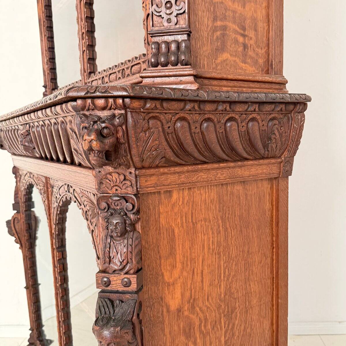 Antique Neo-Renaissance Oak Bookcase with Figural Carvings, 1870