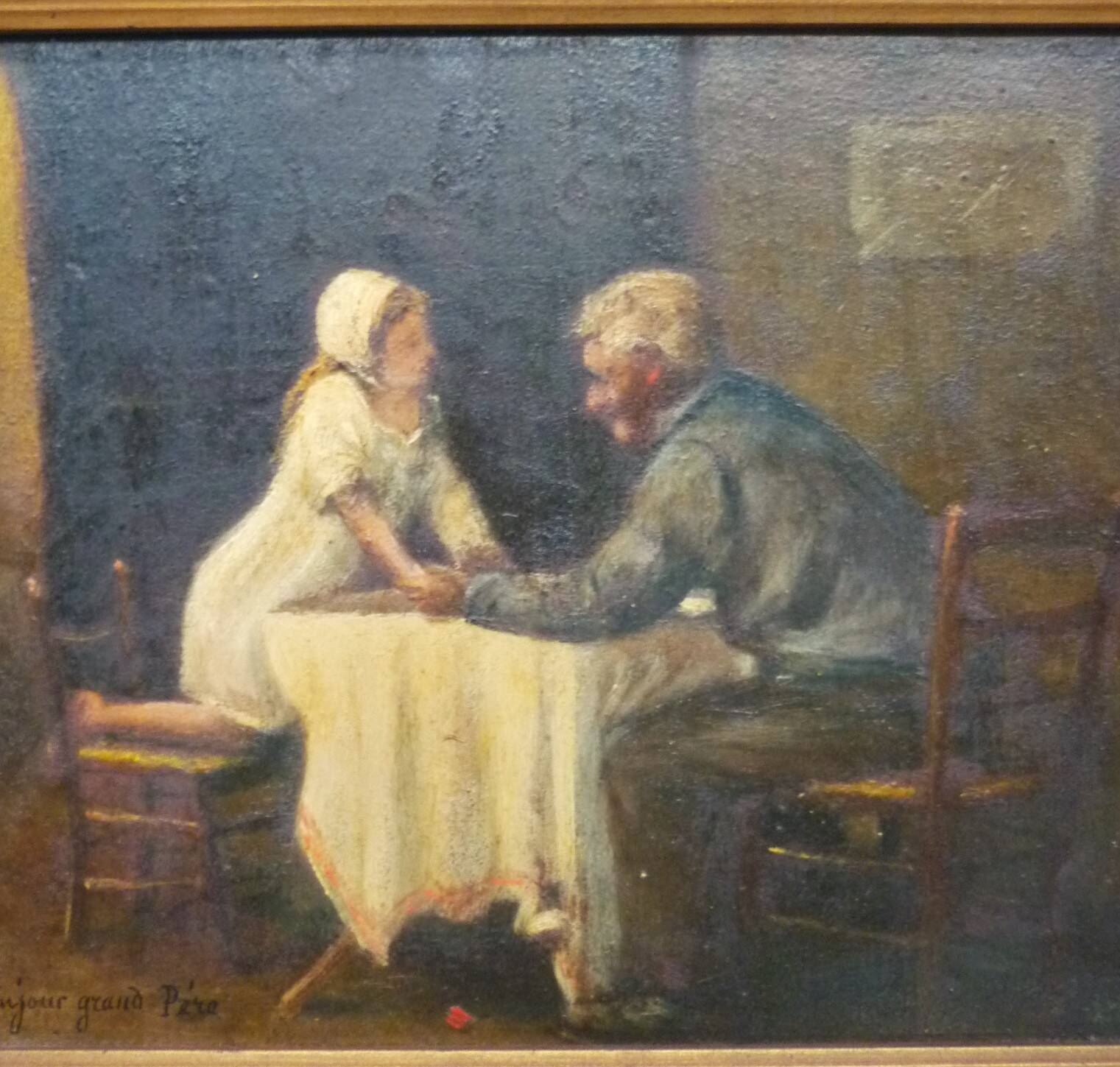 Tableau, huile sur panneau "Bonjour Grand Père", début XXème, cadre doré