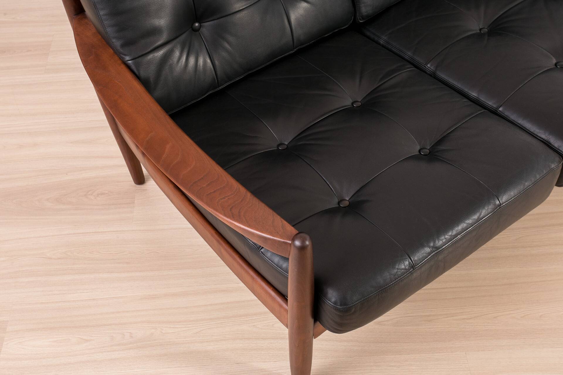 Scandinavian Three-Seat Sofa in Solid Wood and Black Leather, 1960s