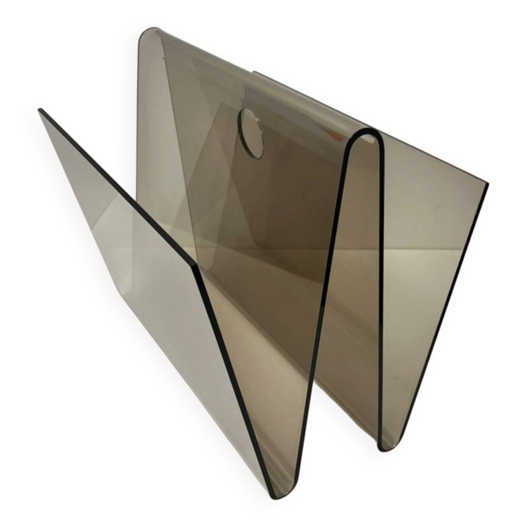 Smoked plexiglass magazine rack in the style of Michel Dumas, France, 1970s.