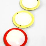 Three round 1950s wall or ceiling lamps made of metal and plexiglass shades