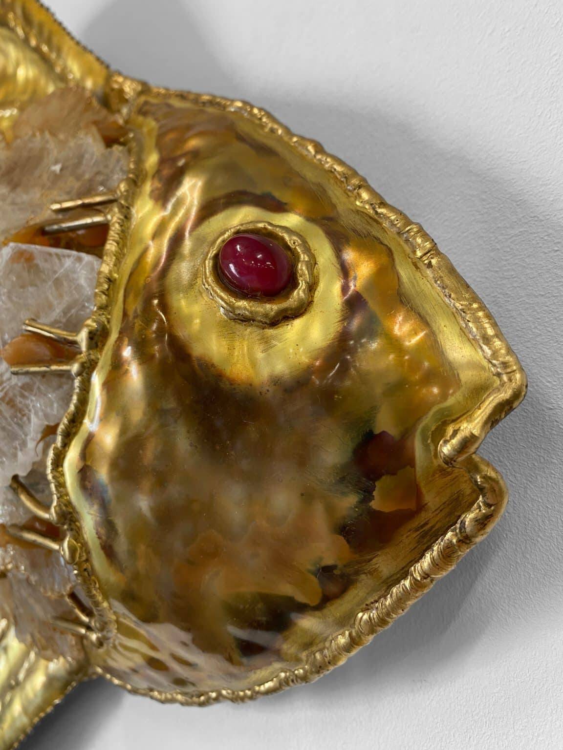 Vintage brass and stone fish-shaped wall light, 1970s