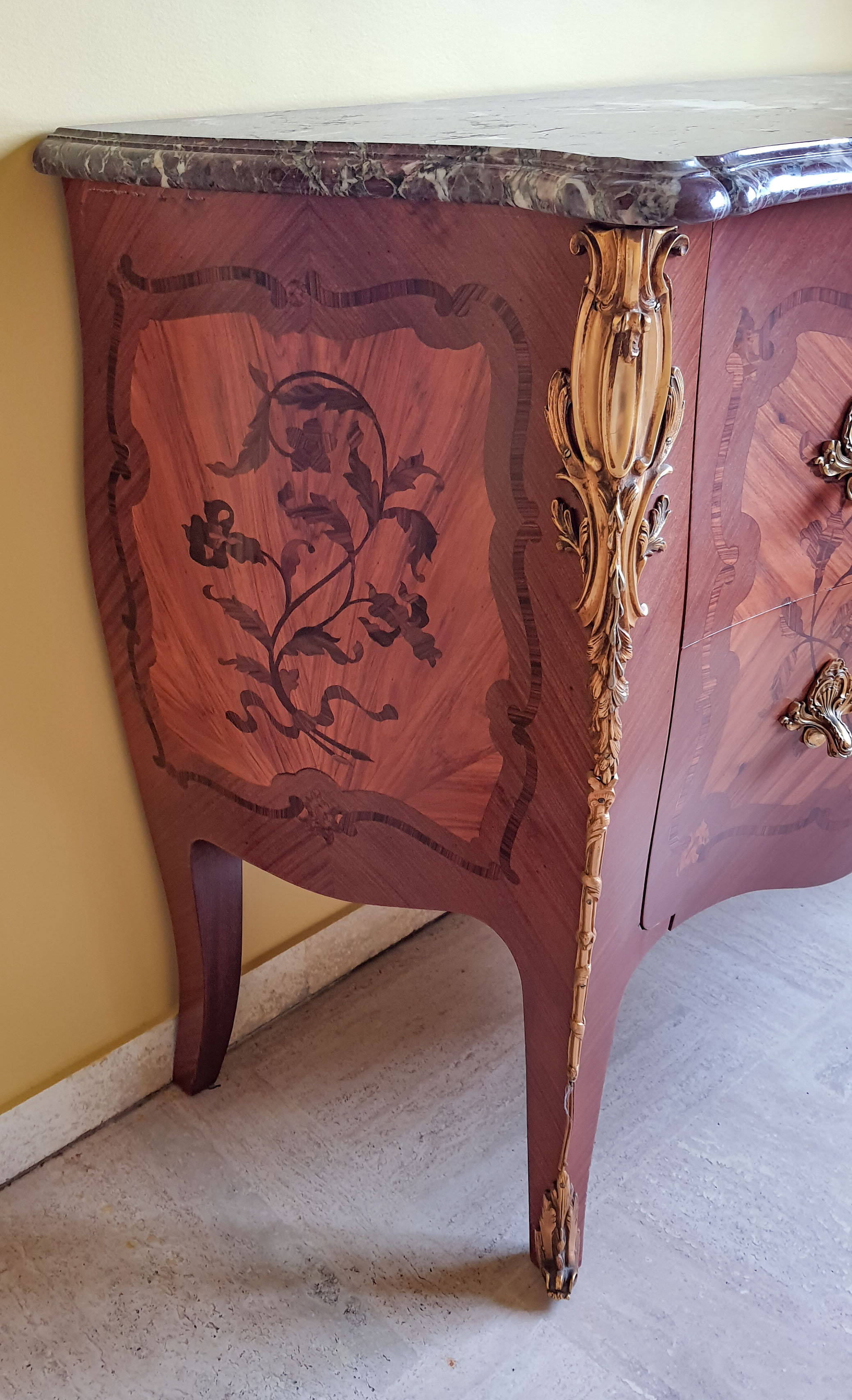 Louis XV chest of drawers marquetry and purple breccia marble