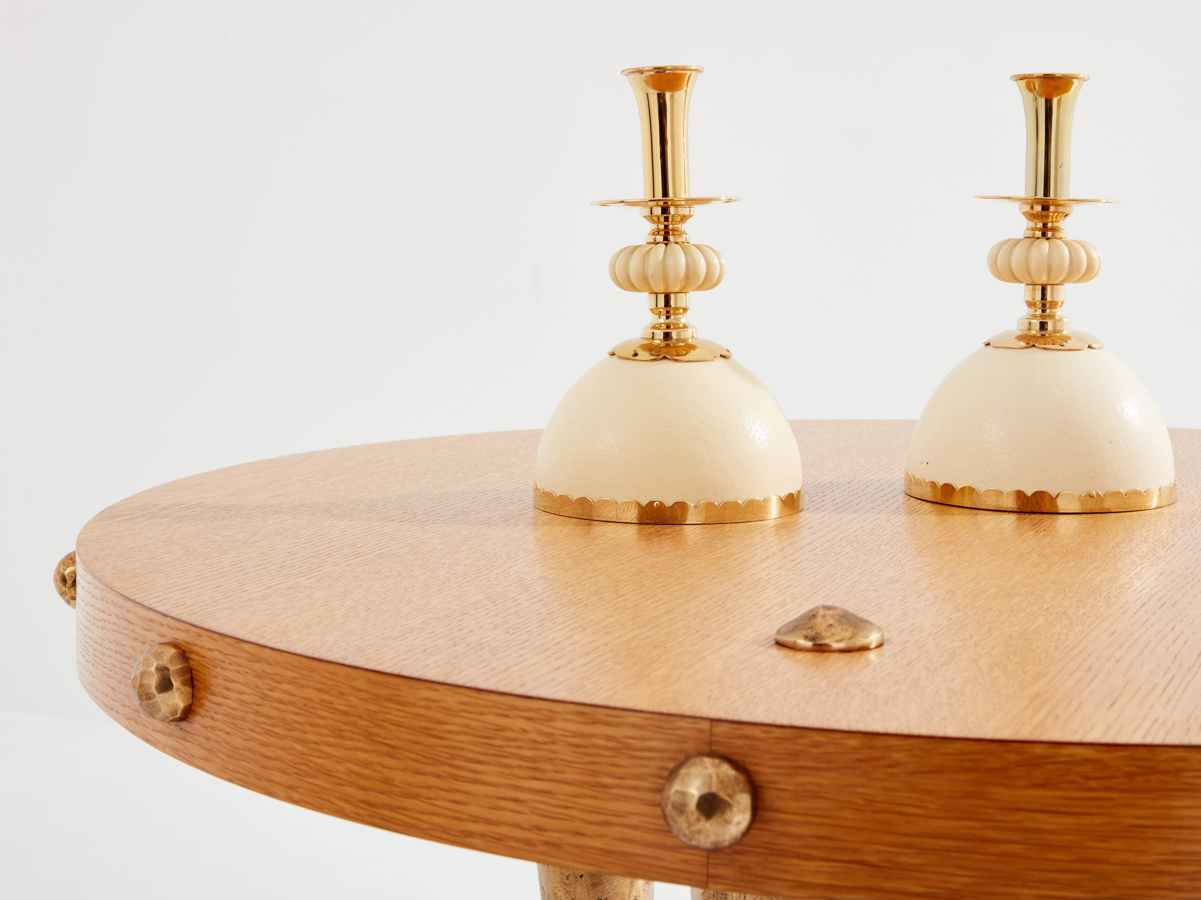 Oak and patinated bronze tripod pedestal table by Garouste & Bonetti 1987