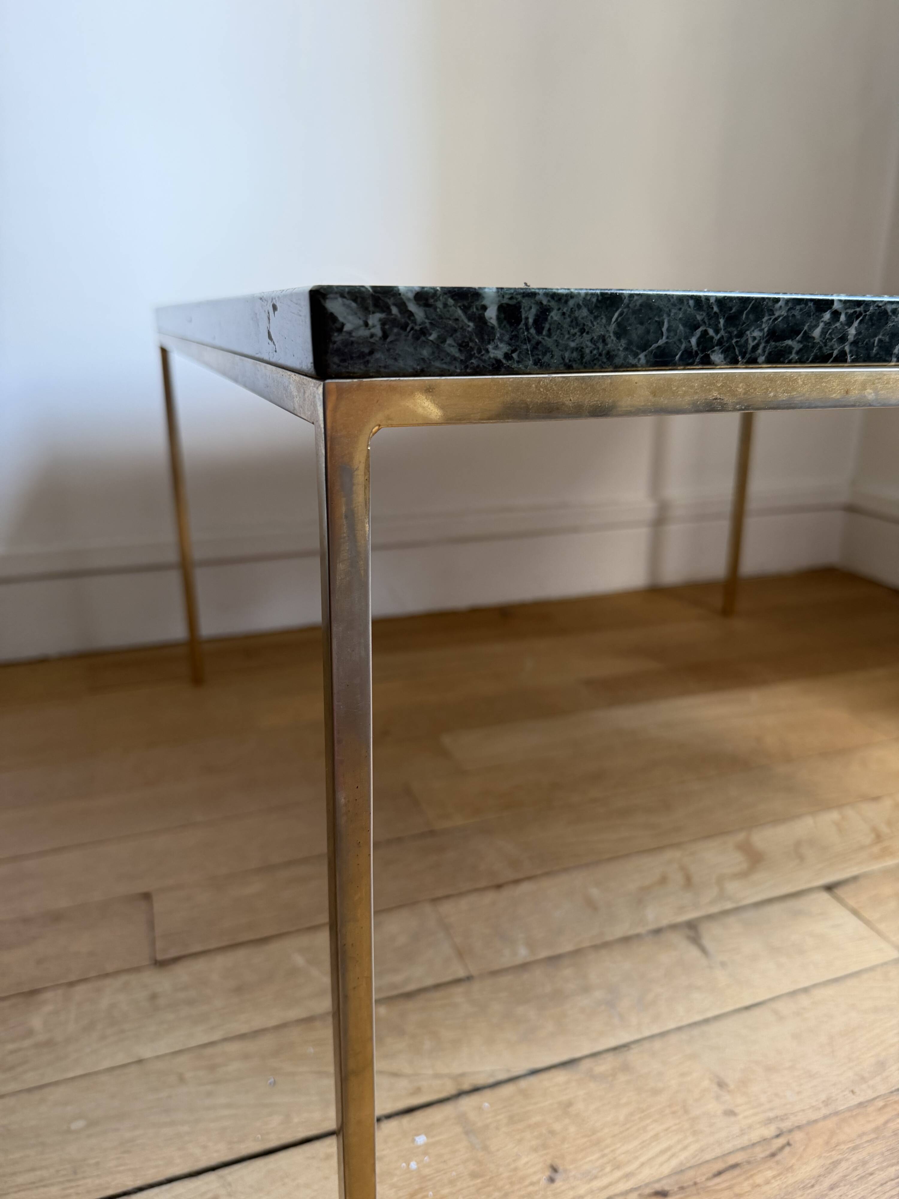 Vintage coffee table in green marble and brass, 1960s-70s.