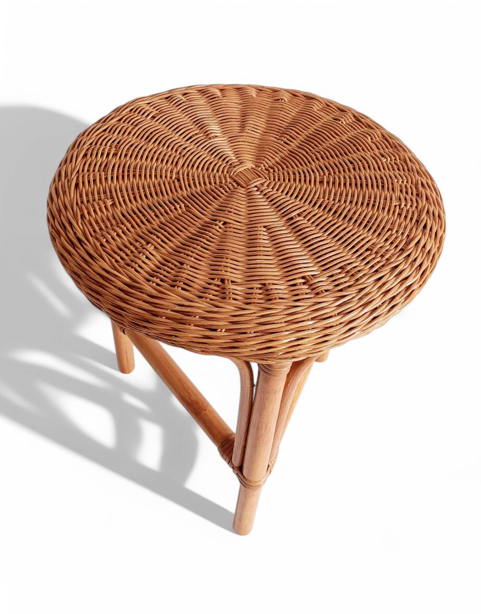 1960s Handmade Vintage French Riviera Wicker & Bamboo Side Table